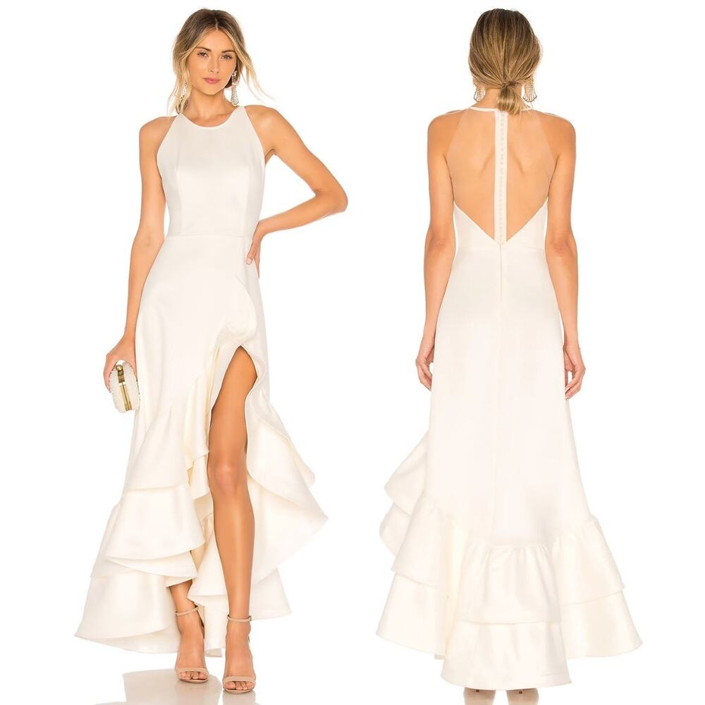 Bronx and Banco Paros Gown Silk Ruffle Hem Pearl Embellishments Bridal Party M